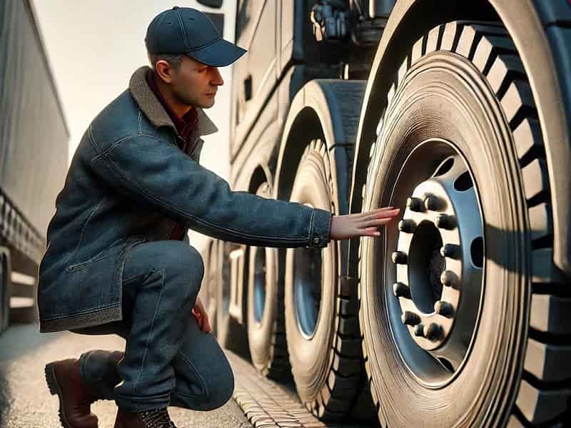 Transportista revisa lado de rueda de camion